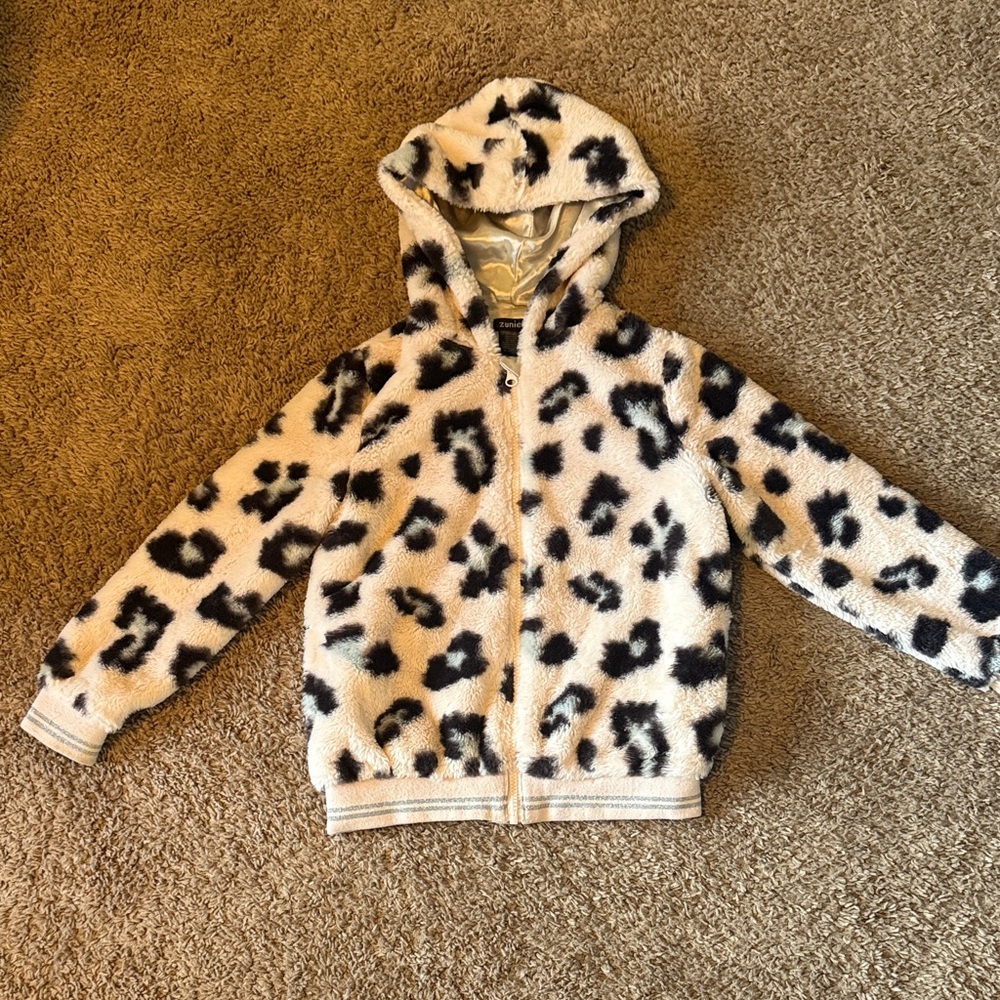 Zunie Pale Pink, Gray and Black Leopard Faux Fur Zip Up Hoodie Jacket M 10/12